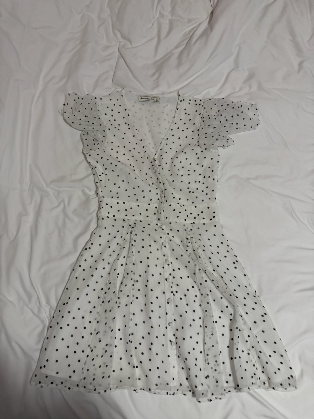 abercrombie and fitch White Polka Dot V-Neck Ruffle Sleeve Dress